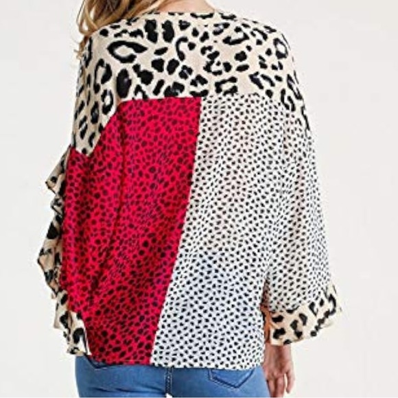 UMGEE ANIMAL PRINT RUFFLED SLEEVE SURPLICE TOP. LIGHTWEIGHT SHEER, HIGH LOW HEM - Picture 9 of 12